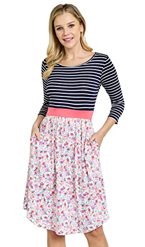 Image of Eloges Women's 3 /4 Sleeve Contrast Waist Band Floral Curved Hem Midi Dress