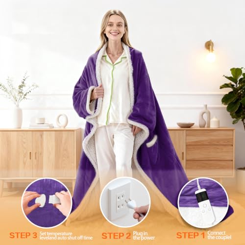 Image of Wearable Heated Blanket With Sleeves & Foot Pocket, Heated Throw Blankets Fast Heating Blanket With 10 Heat Settings Auto Shut Off Over-Heat Protection-Warm Gift, Machine Washable, 52 inch*72 inch+18 inch