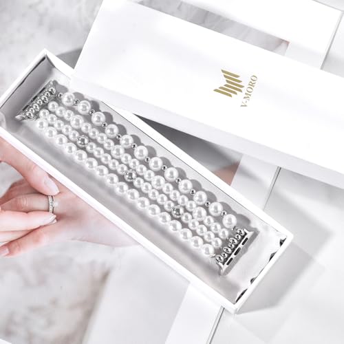 V-MORO Compatible with Apple Watch Band Pearl Series 11/10/9/8/7 42mm 41mm 40mm 38mm Women Fashion Handmade Beaded Elastic Strap Dressy Stretch Bracelet for iwatch SE Series 6/5/4/3/2/1-White/Silver by V-MORO - Used condition - Image 7