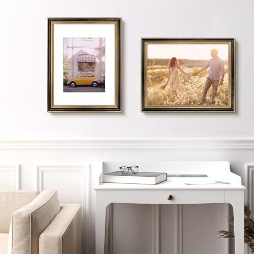 Image of Golden State Art,12x16 Ornate Picture Frame Holds 8.5x11 Photo,Black Gold | Includes real glass front,white mat,build-in hangers and buttons.Displays 8.5x11 photo on wall