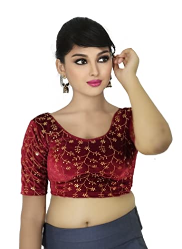 Image of PU Fashion Stylish Golden Embroidery Work Readymade Stretchable Velvet Blouse - Soft Breathable Fabric, Saree Blouse for Women