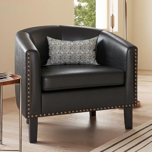 BELLEZE Accent Barrel Chair, Modern Faux Leather Tub Club Chair Upholstered Armchair with Gold Nail Head Trim and Black Legs for Living Room Bedroom A