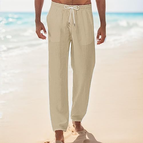 Mens Linen Pants Casual Hawaii Print Summer Beach Pants Elastic Waist Drawstring Baggy Trousers with Pockets2
