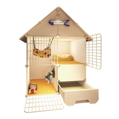 Hinniuy 大型ネコ用トイレ付き屋内猫ケージ、三角屋根付き金属猫小屋、フェレット囲いチンチラケージ、75×49×109cm、ホワイト