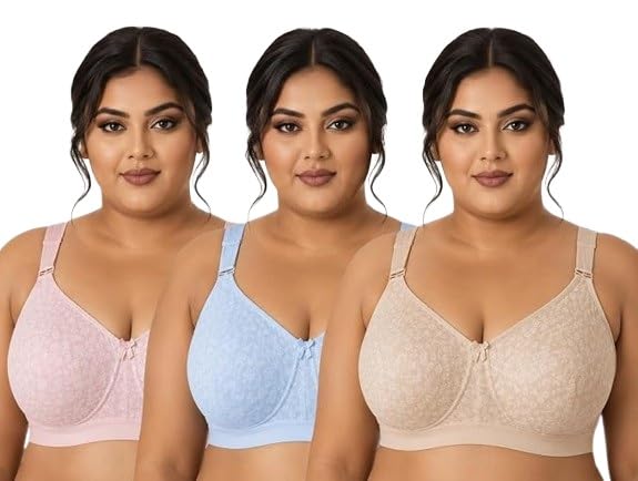 Image of Women's Cotton Blend Full Coverage Non-Padded Wire-Free C Cup Heavy Bust Minimizer Printed Bra Combo Pack of 3