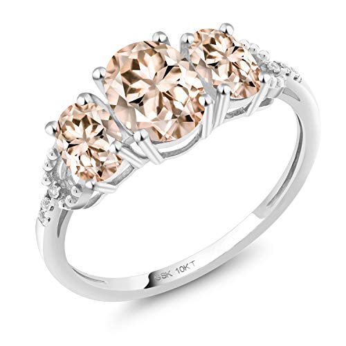 Gem Stone King 10K White Gold Oval Peach Morganite and Diamond Engagement 3-Stone Ring for Women | 1.67 Cttw | Gemstone Birthstone | Oval 7X5MM and 6X4MM | Available In Size 5, 6, 7, 8, 9