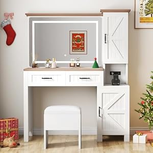 Yitahome vanity desk with mirror makeup desk with charging station drawers cabinets and adjustable shelves modern vanity desk with stool  urban country home decor