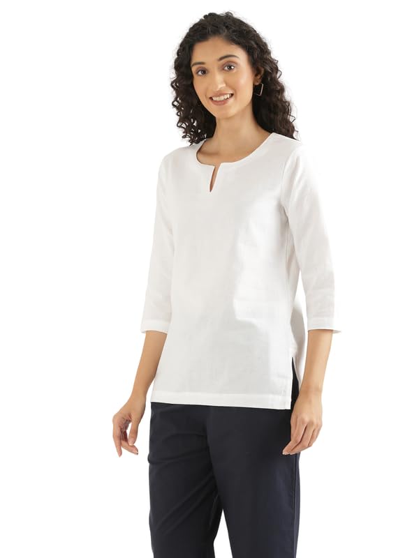 Image of SAADAA Airy Linen Split Neck Short Kurta for Women | Casual & Office Wear | 3 /4 Sleeves, Comfortable Fit | Elegant Top | Lightweight & Breathable Fabric |