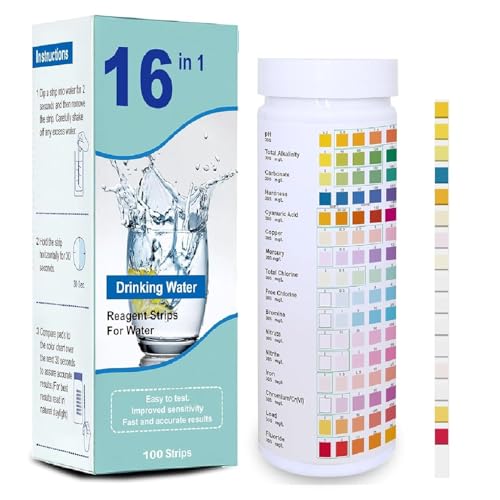 Drinking Water Testing Kits(100 Strips)-16 in 1 Well&Household Tap&Natural Water Quality Test with Hardness,Chlorine,Copper,Iron,Lead,pH,Etc.