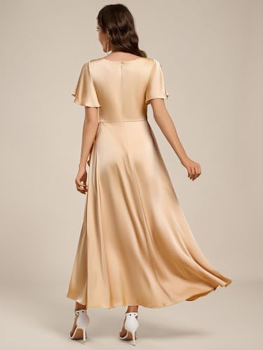 Image of Ever-Pretty Women's V Neck Satin Short Sleeves Ruffle Hi-Lo Midi Bridesmaid Dress 02336