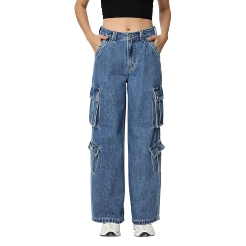 Women's High Waisted CAGO Pants Straight Leg Wide Leg Jeans Casual Loose Jeans(11,L) Blue