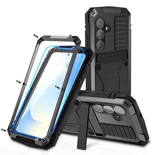 Simicoo for Samsung Galaxy S25 FE Metal Military Heavy Duty Case, Metallic Bumper Shockproof Dustproof Rugged Tough with Stand Screen Protector Camera Control Full Body Drop Protective Cover (Black)