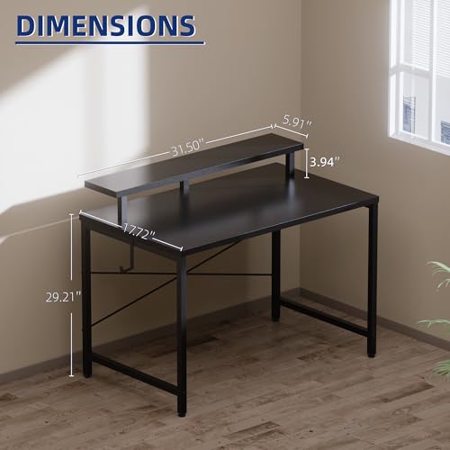 Image of Pamray 32 Inch Small Computer Desk with Monitor Stand, Simple Office Desk with Headphone Hook for Small Spaces, Kids Study Writing Table for Bedroom, Black