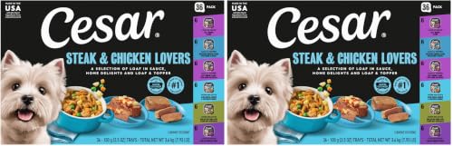 Image of Cesar Wet Dog Food Steak and Chicken Lovers Variety Pack,Adult,Wet Food for Dogs with Real Beef or Chicken,3.5 oz Easy Peel Trays,36 Count (Pack of 2)
