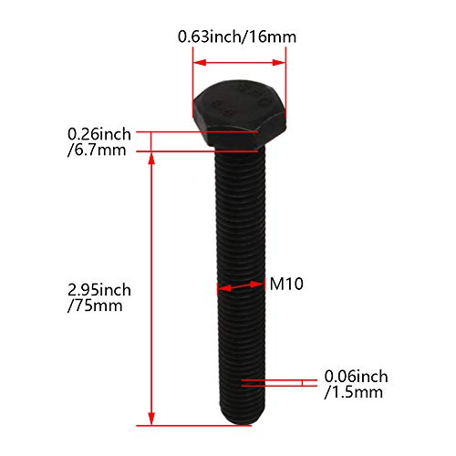 Image of M10x75mm Carbon Steel Hex Screw Bolts Metric Rustproof Fully Threaded Hex Drive Cap Bolts Screw Fastener Hardware Black 5Pcs