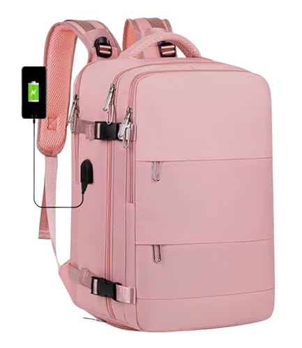 Mochila Viagem Feminina Viral Avião Bordo Cabine Impermeável Notebook USB Bolso para Objetos Molhados, Rosa