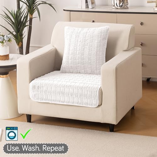 Image of HOKIPO 'Plush Haven' Premium Anti-Slip Sofa Cover Mat for 1 Seater Sofa | Soft Fluffy Plush Fabric, 1 Seater, White (NEW-5030-WHT*1)