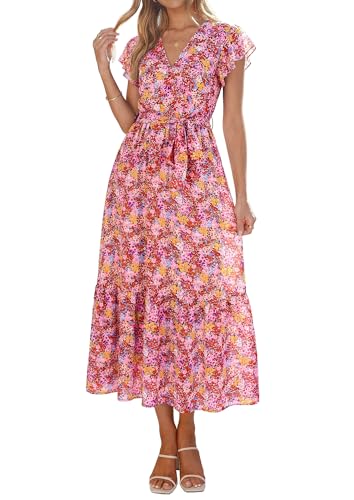 Image of PRETTYGARDEN Women's Summer Floral Boho Maxi Dress | Short Sleeve Wrap V Neck, Long Flowy Ruffle Dresses, Spring Wedding Guest Outfits for Beach Vacation, Resort Wear, Tea Party