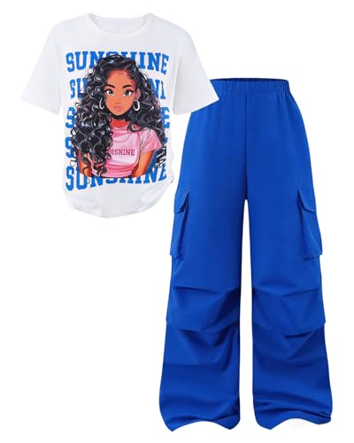 Image of Tween Girls Clothes Short Sleeve Graphic T-Shirt Top + Cargo Pants 2pcs Outfit Set, Size 7-15Years