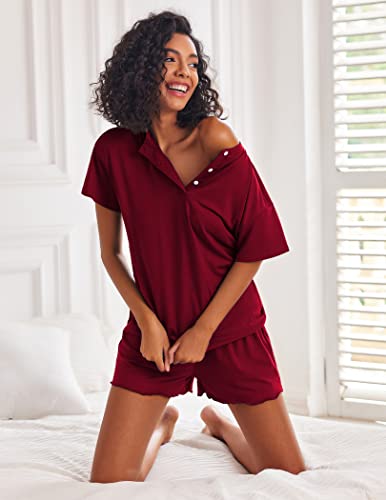 Image of Ekouaer Pajamas Set Womens Short Sleeve Loungewear Sleepwear 2 Piece PJ Sets,Wine Red XX-Large