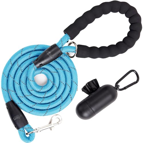 GORILLA GRIP Dog Leash, Heavy Duty Reflective Rope Leashes for Large, Medium, Small Breed Dogs, Puppy Training Essential for Walks, Hikes, Soft Handle, Rotating Metal Clip, Waste Bag Dispenser, Blue