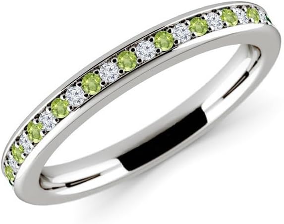 Alternate Green Peridot & White Diamond Wedding Band For Women, 14k Gold Finish Green Peridot Anniversary Half Eternity Ring, Ladies Stackable Diamond Ring