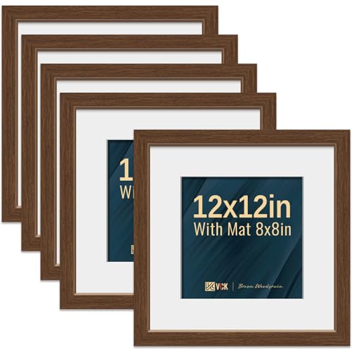 Image of VCK 12x12 Frame 5 Pack, Brown Wood, 8x8 Mat, Glass, for Picture Prints