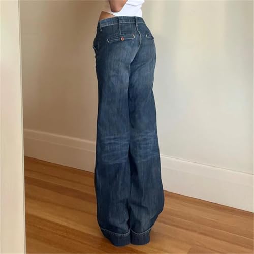 Women Washed Buttons Forloose Low Rise Basic Trousers Chic Pockets Straight Leg Denim Pants4