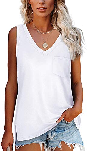 Women's V Neck Tank Tops Sleeveless Tunic Shirts Side Split Loose Fit Tops with Pocket