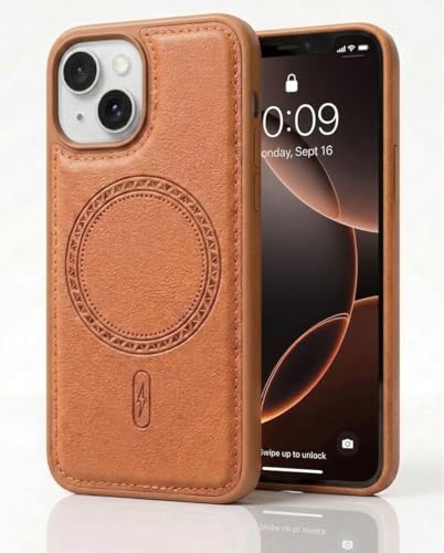Image of amazon basics Premium PU Leather Case for iPhone 14, MagSafe Compatible Magnetic Ring, Sleek Protective Back Cover - [Tan]