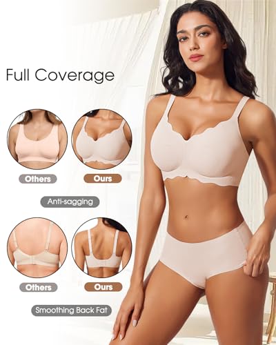 LIIJOO Wireless Seamless Scalloped Bra Full Coverage Push Up Lift No-Underwire Back-Smoothing U-Back Adjustable Straps Hook-and-Eye Breathable Stretch Pads（Blush Pink, XL） — view 4