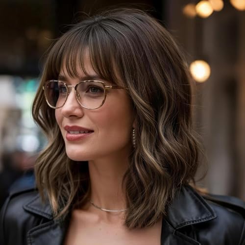 Image of Nnzes Short Wavy Bob Wig with Bangs for Women Shoulder Length Curly Soft Blonde Highlights with Brown Synthetic Heat-Resistant Fiber Hair for Daily & Party Use