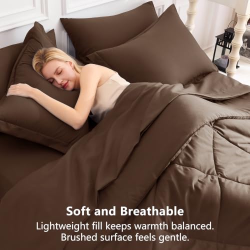 Image of CozyLux Full Size Comforter Sets Brown - 7 Pieces Bed in a Bag Full, Luxury Soft Bed Set for All Seasons, Bedding Set with Down Alternative Comforter, Sheets, Pillowcases & Shams