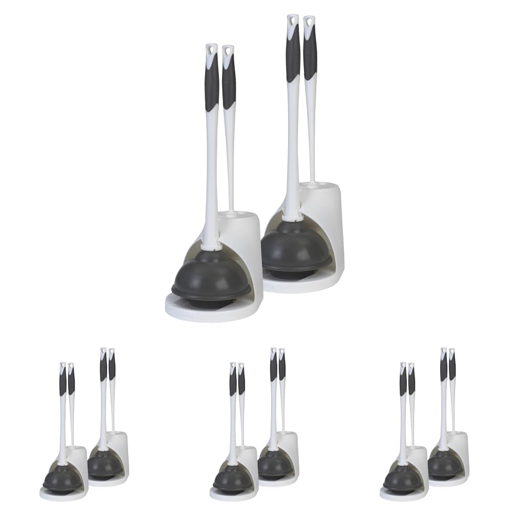 Clorox Toilet_Plunger and Bowl Brush Combo Set with Caddy, 6.75" x 7" x 19.5", White/Gray, Plunger and Toilet Bowl Brush, Heavy Duty Plunger, Toilet Cleaning_Brush, Freestanding Caddy, (Pack of 8)