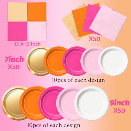 Image of CMUSKO Pink and Orange Party Decorations - 150Pcs Sunset Tropical Plates and Napkins Pink Pumpkin Halloween Tableware Serves 50 for Birthday,Baby Shower, Bachelorette Party