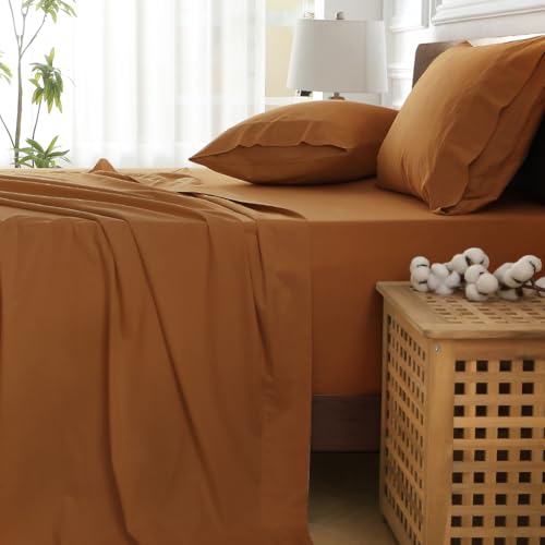 HYPREST 100% Cotton Sheets for Queen Size Bed Deep Pockets Fit 18"- 24" in Deep Mattress, Burnt Orange Hotel Luxury Soft Wrinkle Free Cooling Sheets for Queen Size Bed