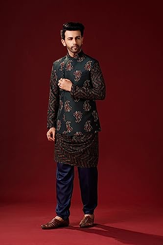 Elina fashion Men's Cotton Kurta Pajama Set With Printed Jacket (Waistcoat) Designer Indian Ethnic Wear4