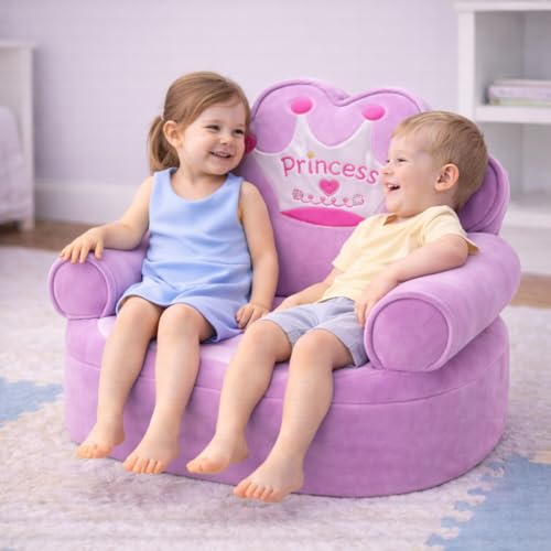 Little Queen Chair for Kids – Plush Princess Sofa Chair with Fiber & Sponge Filling, Foldable Kids Armchair for Playroom, Bedroom & Nursery (Purple)