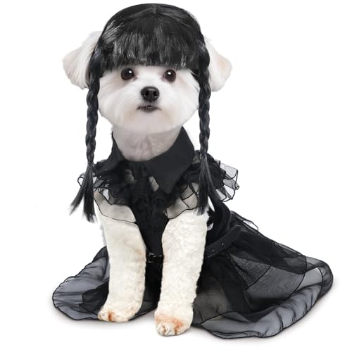 Coume 3 Pcs Halloween Dog Costumes for Dog with Belt and Wig Black Cute Pet Costume Dress for Puppy Dogs Cats Cosplay Halloween Birthday Party Outfit(M)