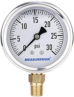 Measureman 2-1/2" Dial Size, Glycerin Filled Pressure Gauge, 0-100psi/kpa, 304 Stainless Steel Case, 1/4"NPT Lower Mount