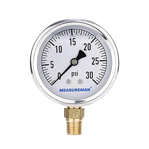 MEASUREMAN 2-1/2inch Dial Size, Glycerin Filled Plumbing Pressure Gauge, 0-30psi, Stainless Steel Case, 1/4inch NPT Lower Mount
