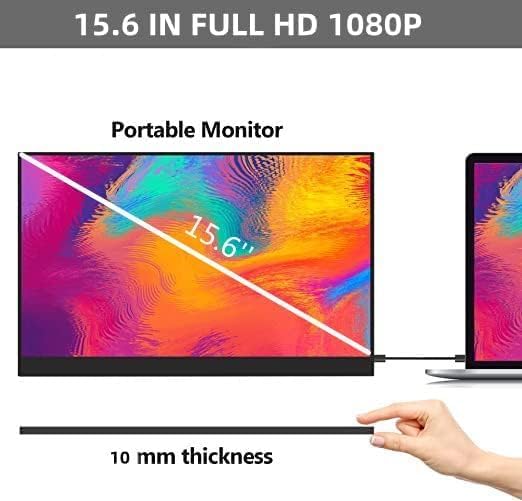 A hand holding the AILRINNI portable monitor to show its 10mm thickness, with a diagonal line indicating the 15.6 inch screen size.