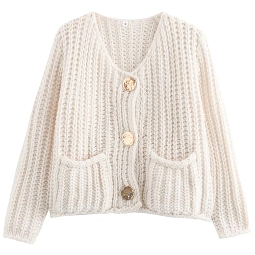 Image of Yimoon Women's Cropped Cardigan Sweaters Button Down Long Sleeve Chunky Knit Cardigan Fall Open Front Sweater Coat with Pocket(Beige-L)