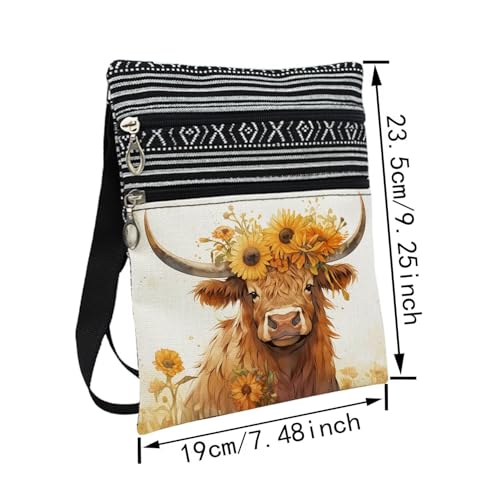 Floral Highland Cattle Messenger Bag Small Ethnic Pattern Printed Adjustable Strap Crossbody Zipper Bag Floral Highland Cattle Phone Bag Wallet Cute Shoulder Handbag for Women2