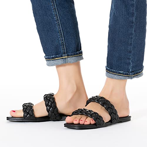 Image of Mtzyoa Women Flat Sandals Raffia Braided Summer Straw Dressy Casual Vacation Bohemian Cute Beach Comfy Slip On Slides