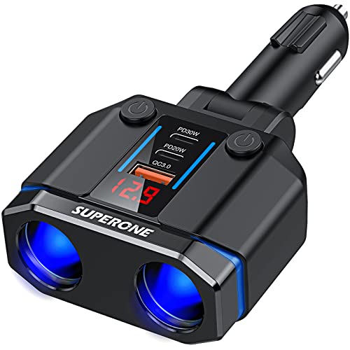【Dual Pd】Cigarette Lighter Splitter, Superone 2-Socket Cigarette Lighter Adapter Splitter With Dual Pd30W & Qc3.0, 12V/24V Independent Switches Voltage Display 15A Fuse For Gps/Dash Cam/Laptop/Iphone #TOP21