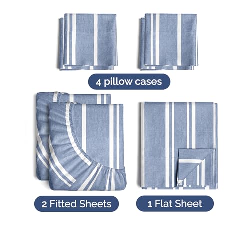 Image of Split King 7 Piece Bed Sheet Set - Breathable & Cooling - Blue Stripes | Ultra-Soft Hotel Luxury Bedding Set w / 8-16 Inch Deep Pockets, 1 Flat & 2 Fitted Sheet & 4 Pillowcases, Wrinkle & Fade Free