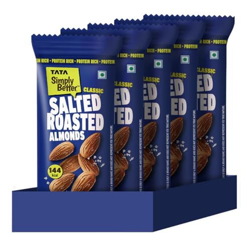 Tata Simply Better Classic Salted Roasted Almonds, 23g (Pack of 5), Rich in Protein, Roasted Almond Nuts, Party Snack, No Palm Oil, No Trans Fat, Read
