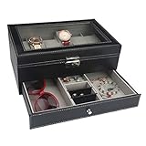 ◆ Echtes Material ★ Gute Qualität - Die Oberfläche der Box besteht aus PU-Leder. Der Deckel ist aus klarem Glas für die einfache Anzeige der internen Uhr. Die Display-Box ist mit Pflanzensamt und weichen Kissen ausgekleidet. Schön und luxuriös, stabil und langlebig, weich und angenehm zu berühren.