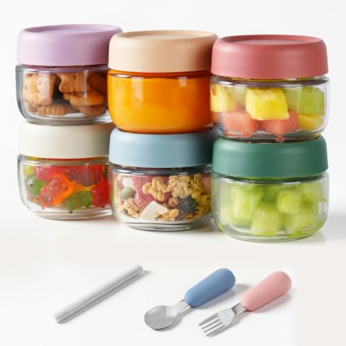 Glass Baby Food Storage Containers Baby Food Jars 6 Pack Small Glass Containers with Lids 4 oz Leakproof Baby Food Storage Containers BPA Free Microwave/Freezer/Dishwasher Safe Kids Spoon Fork